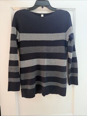 Market & Spruce Navy and White Striped Scoop Neck Sweater